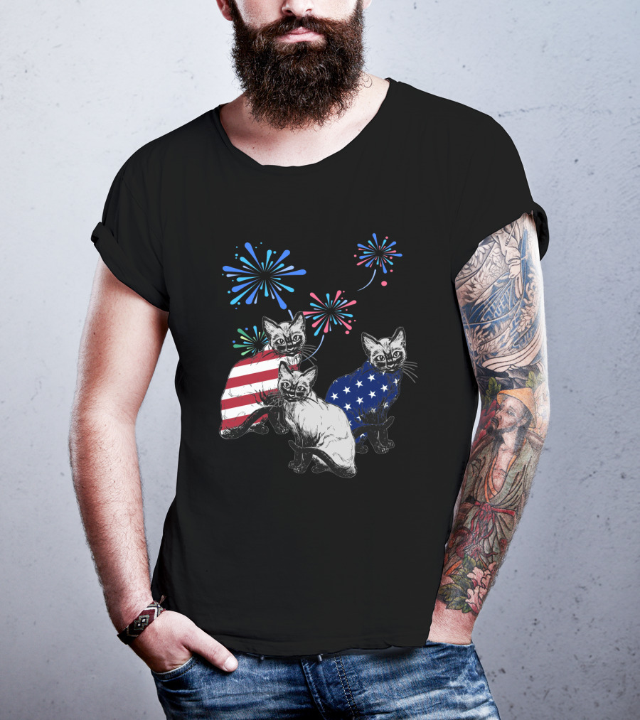 SiameseJuly Cats With Fireworks And American Flag T-Shirt