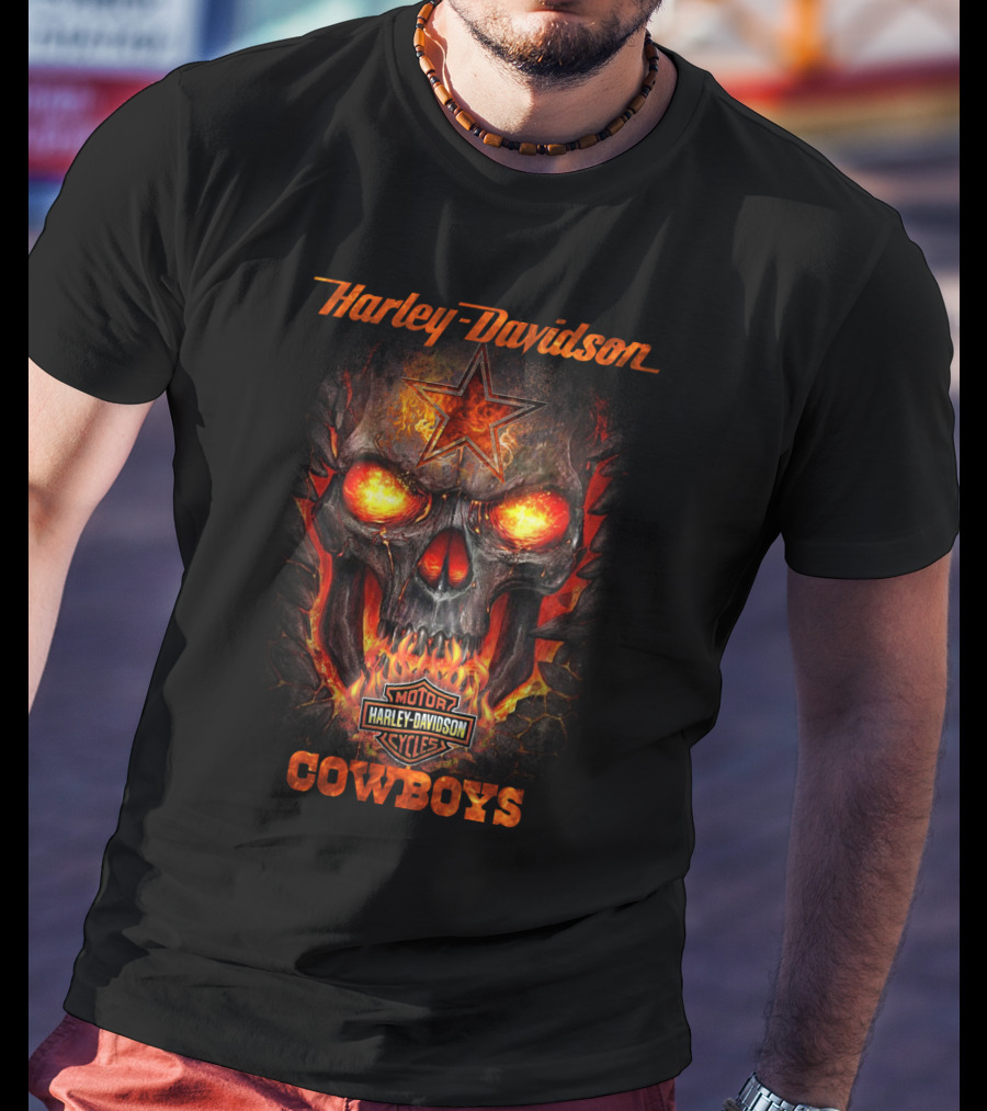 Harley Davidson Cowboys Skull With Star Emblem Flames T-Shirt