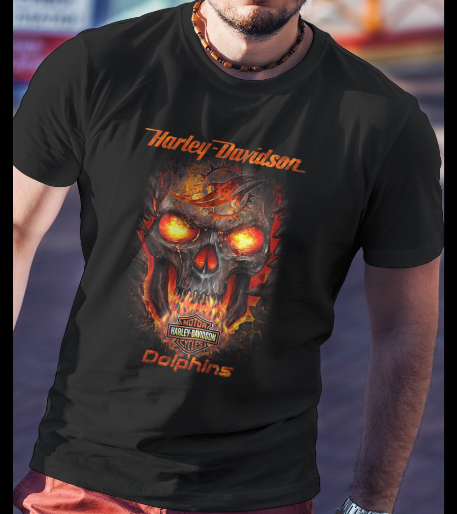 Harley Davidson Miami Dolphins Fiery Skull Logo Motorcycles T-Shirt