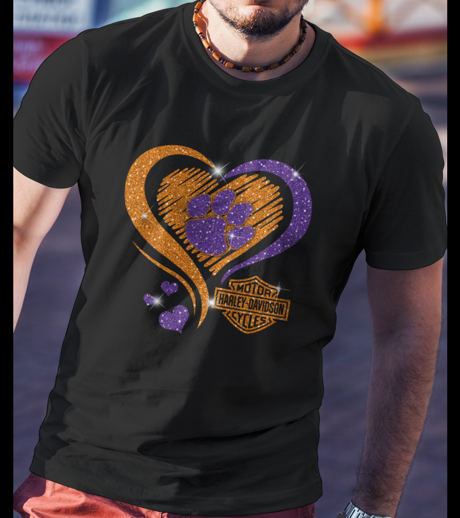 Clemson Tigers Purple Paw Heart Harley Davidson T-Shirt