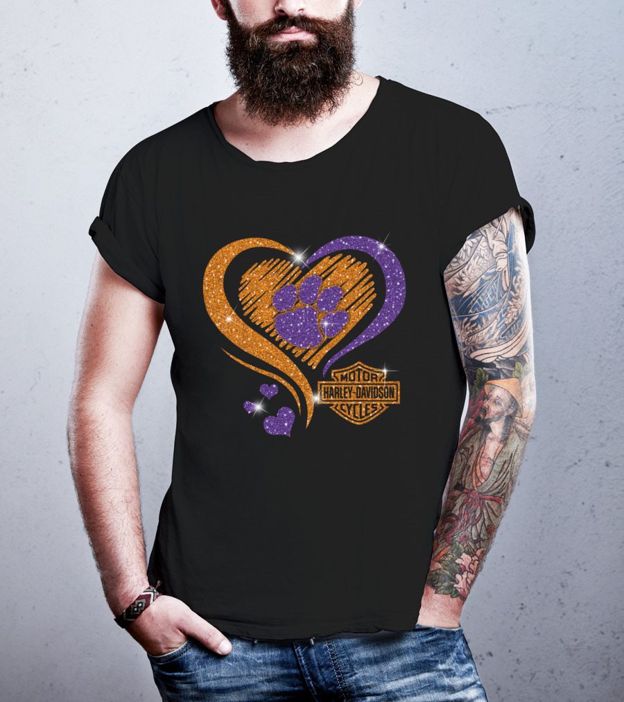 Clemson Tigers Purple Paw Heart Harley Davidson T-Shirt