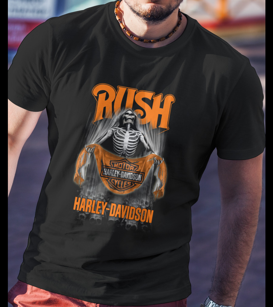 Rush Harley Davidson Motor Cycles Skeleton Orange T-Shirt