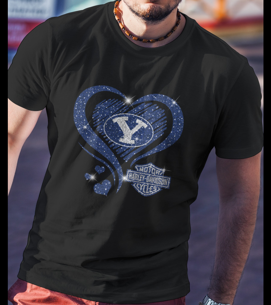 Byu Cougars Y Logo And Harley Davidson Motorcycles Blue Heart T-Shirt
