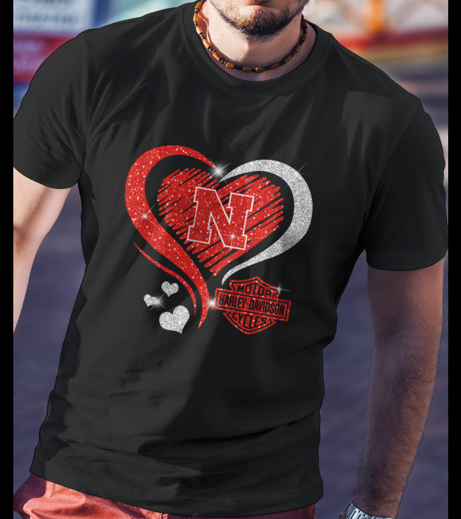 Nebraska Cornhuskers N Heart Harley Davidson Motor Cycles T-Shirt