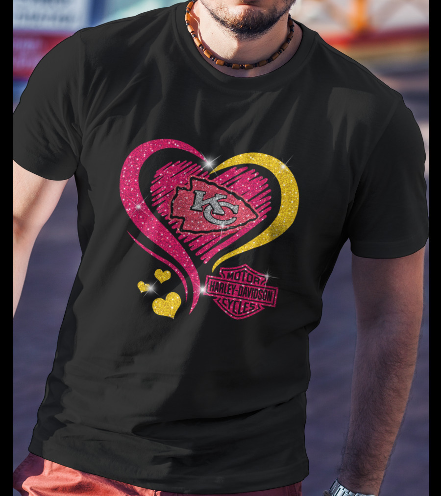 Kansas City Chiefs Harley Davidson Motorcycles Heart Kc Logo Glitter T-Shirt