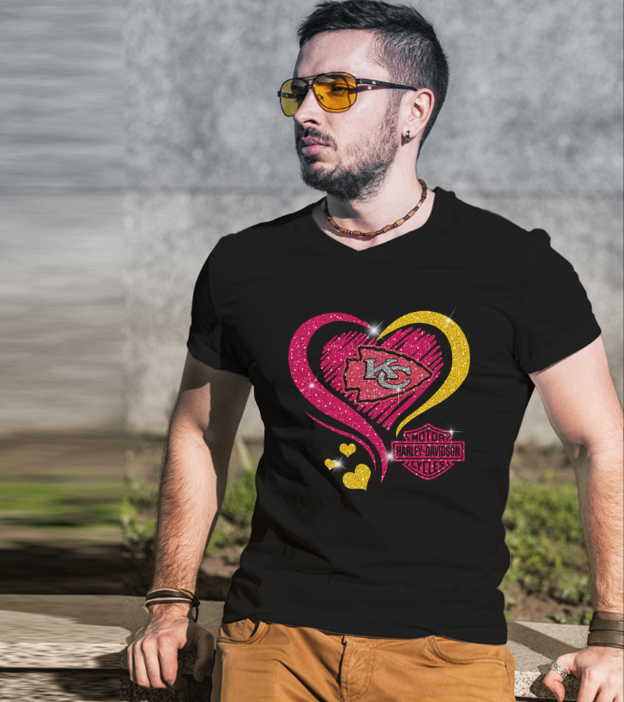 Kansas City Chiefs Harley Davidson Motorcycles Heart Kc Logo Glitter T-Shirt