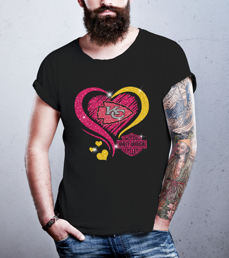 Kansas City Chiefs Harley Davidson Motorcycles Heart Kc Logo Glitter T-Shirt