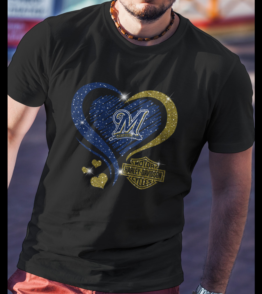 Milwaukee Brewers Heart With Harley Davidson T-Shirt