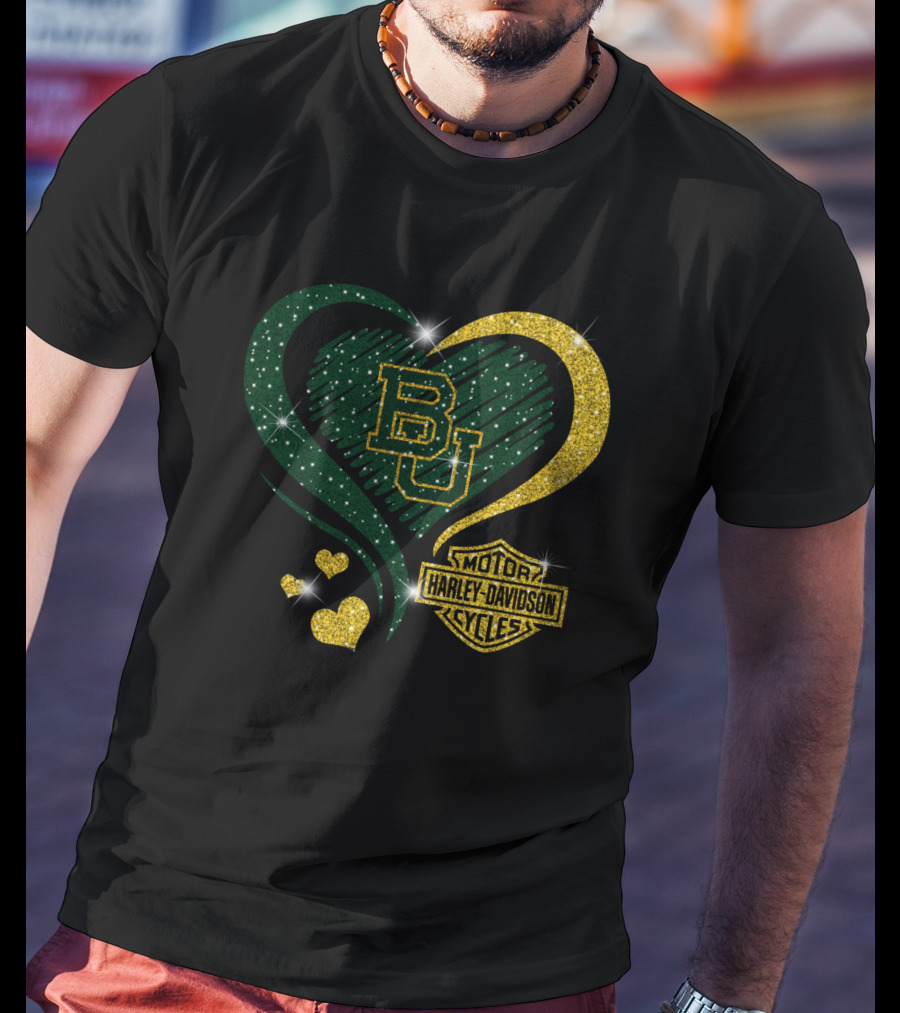 Bu Baylor Bears Harley Davidson Sparkling Heart T-Shirt