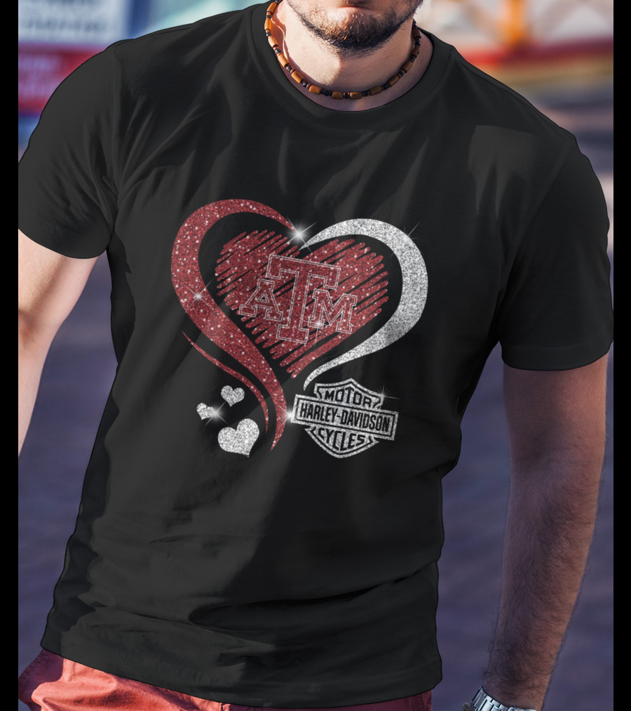 Atm Texas A&M Aggies Harley Davidson Motor Cycles Sparkling Heart T-Shirt