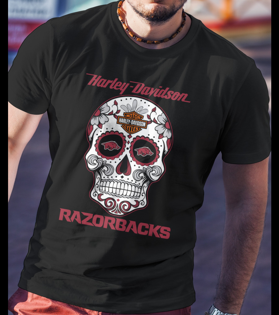 Harley Davidson Razorbacks Sugar Skull Motor Cycles T-Shirt
