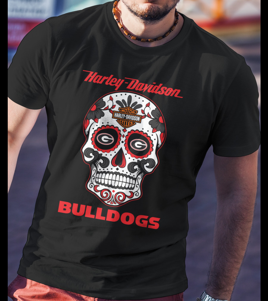 Harley Davidson Motor Cycles Georgia Bulldogs Sugar Skull T-Shirt