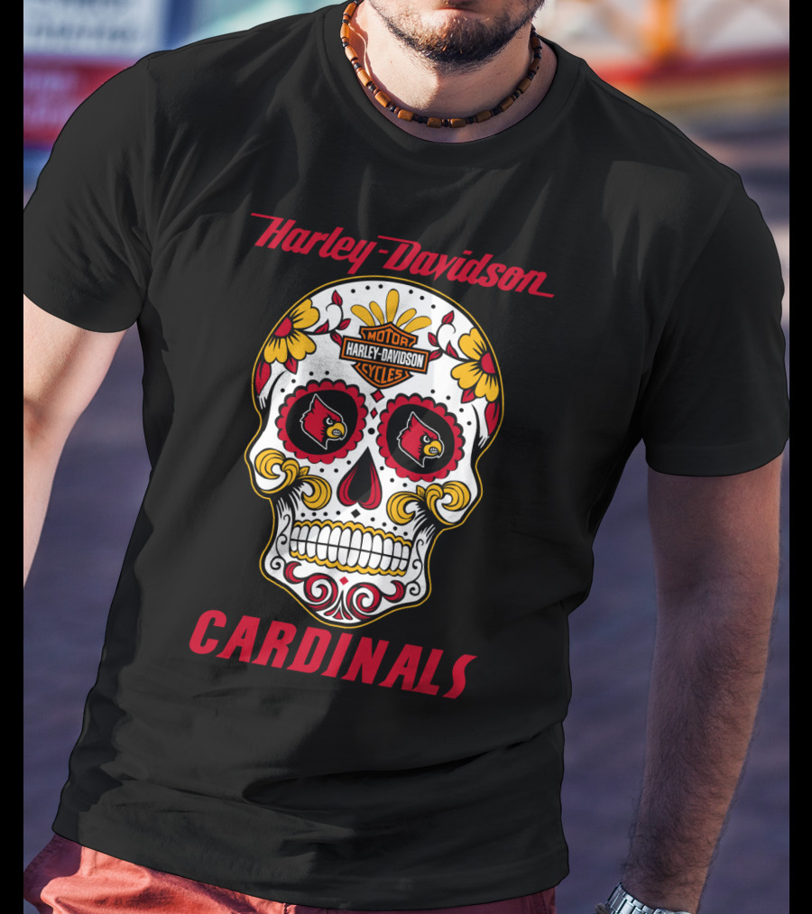 Harley Davidson Louisville Cardinals Dia De Los Muertos Skull T-Shirt