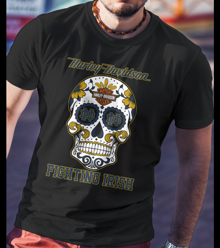Harley Davidson Motor Cycles Notre Dame Nd Fighting Irish Skull T-Shirt