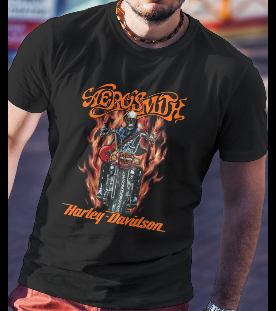 Aerosmith Harley Davidson Skull Rider Flame Guitar T-Shirt
