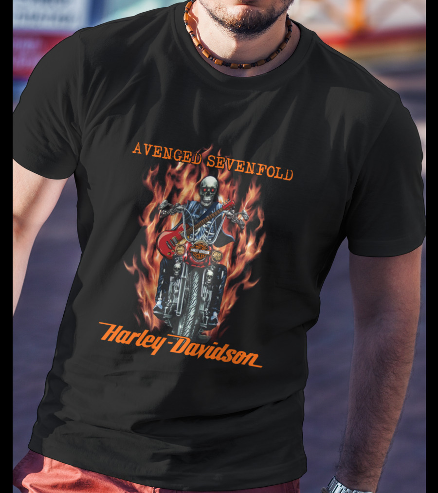 Avenged Sevenfold Harley Davidson Skeleton With Guitar And Flames T-Shirt