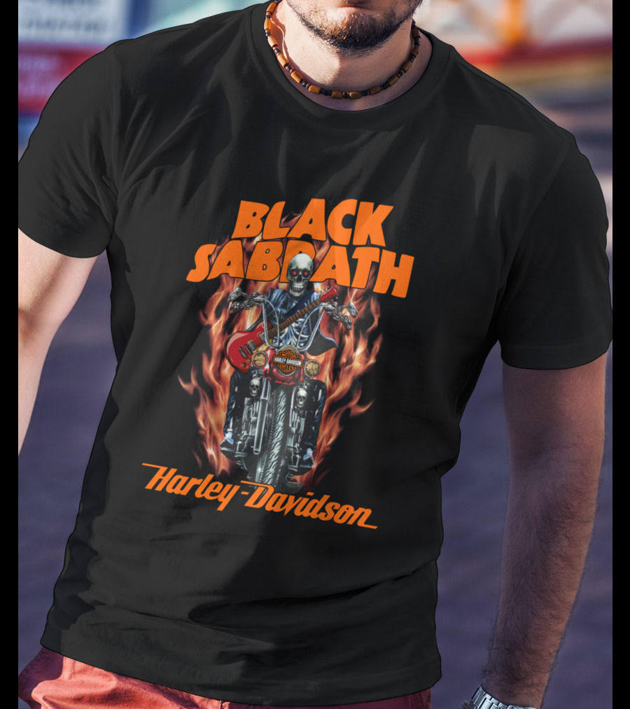 Black Sabbath Harley Davidson Skeleton Guitar Flames T-Shirt