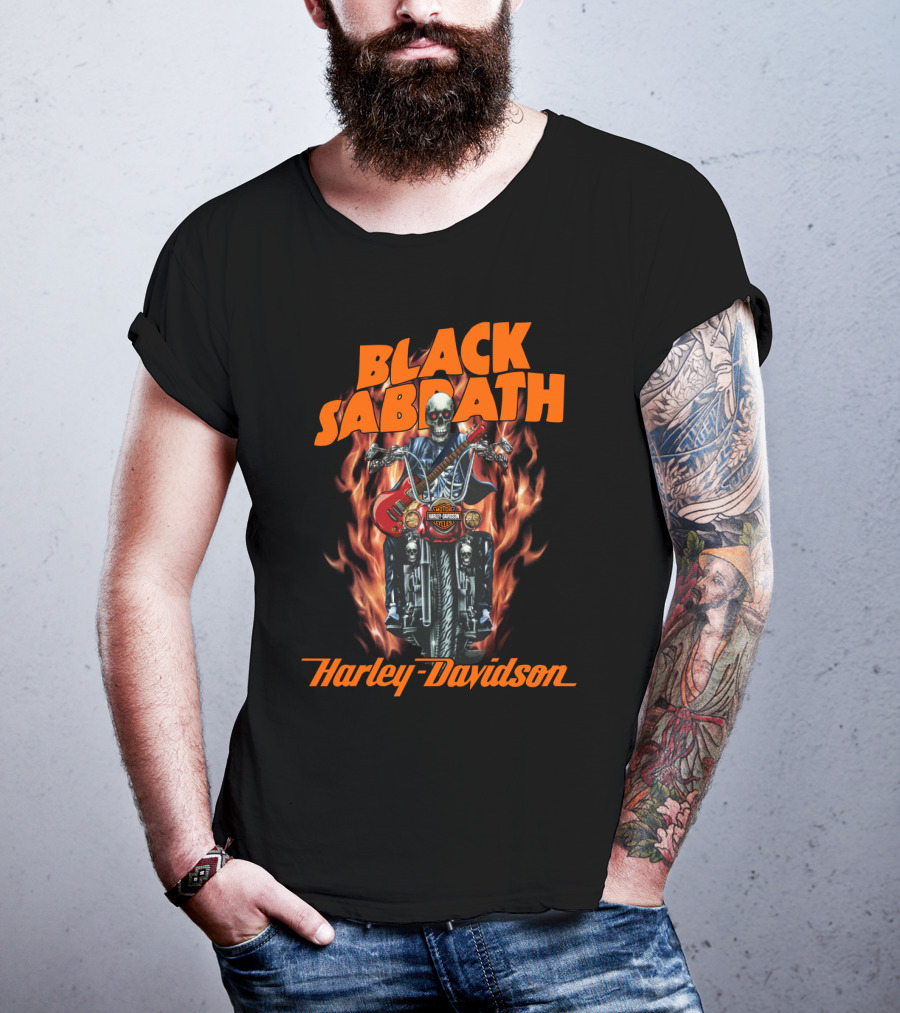 Black Sabbath Harley Davidson Skeleton Guitar Flames T-Shirt