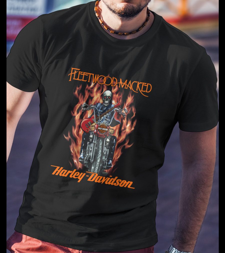 Fleetwood Macked Harley Davidson Skeleton Flames Guitar T-Shirt