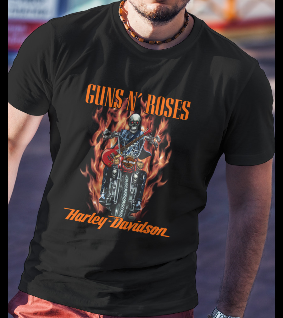 Guns N' Roses Harley Davidson Skull Motorcycle Flames T-Shirt