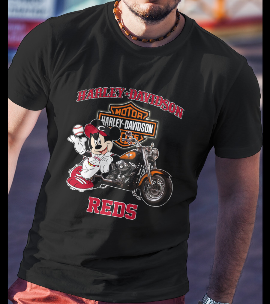 Harley Davidson Reds Cincinnati Motorcycle Mickey Mouse Baseball T-Shirt