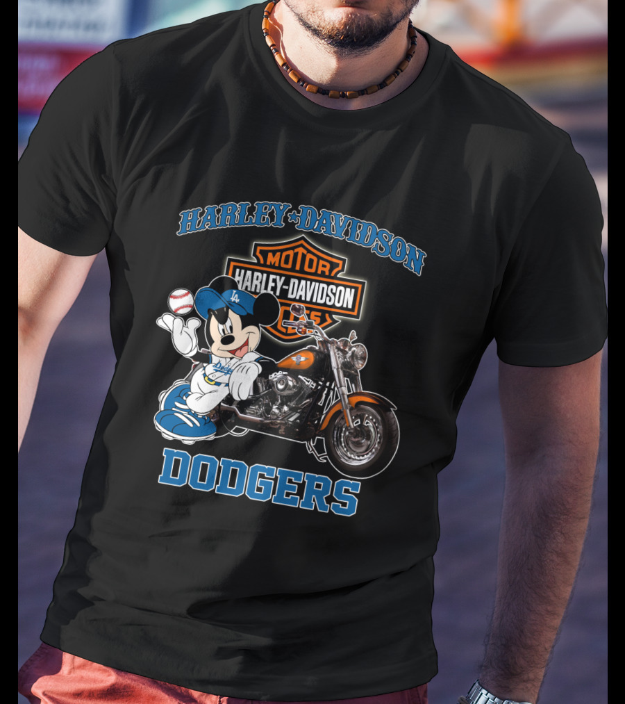 Harley Davidson Los Angeles Dodgers Mickey Mouse Motorcycle Baseball T-Shirt