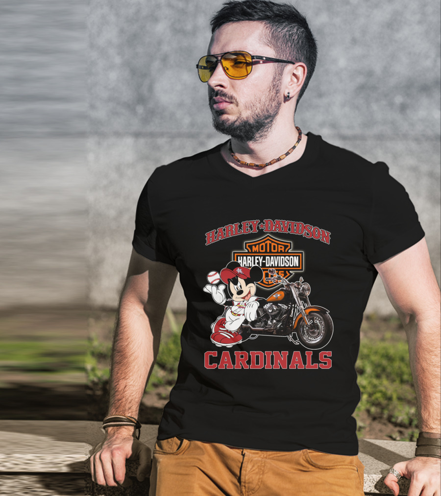 Harley Davidson St Louis Cardinals Mickey Mouse Motorcycle T-Shirt