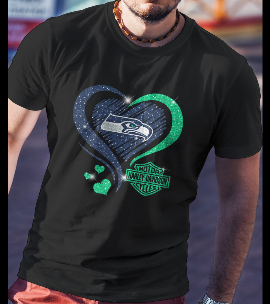 Harley Davidson Motorcycles Heart With Seattle Seahawks T-Shirt