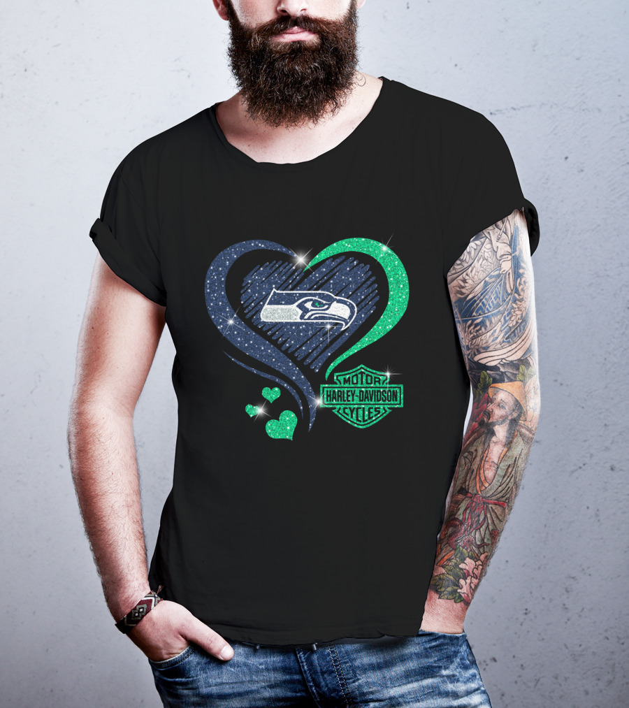 Harley Davidson Motorcycles Heart With Seattle Seahawks T-Shirt