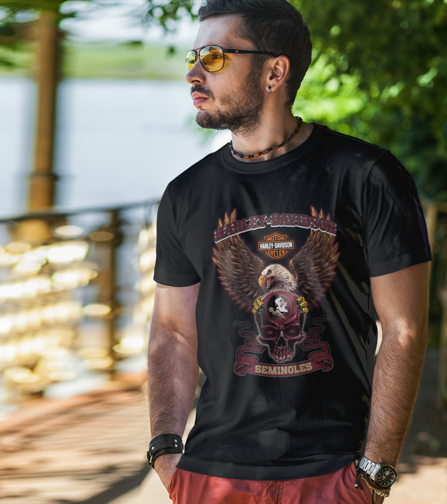 Harley Davidson Motor Cycles Eagle Skull Florida State Seminoles T-Shirt