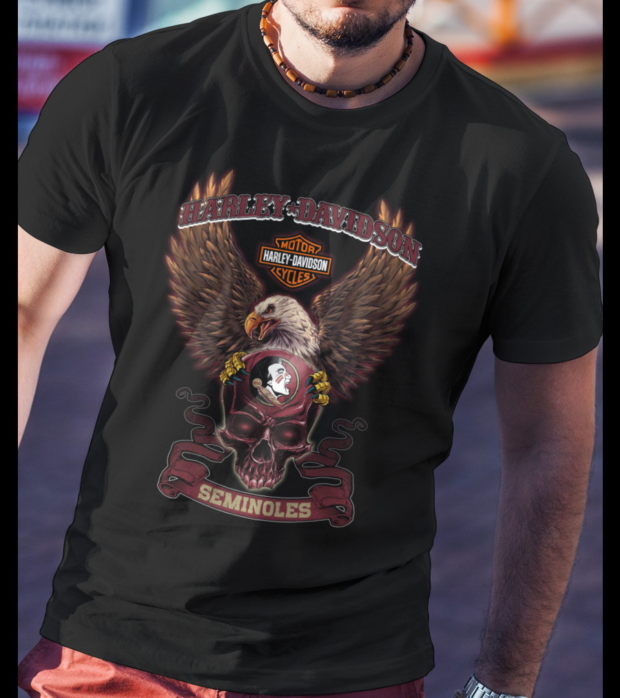 Harley Davidson Motor Cycles Eagle Skull Florida State Seminoles T-Shirt