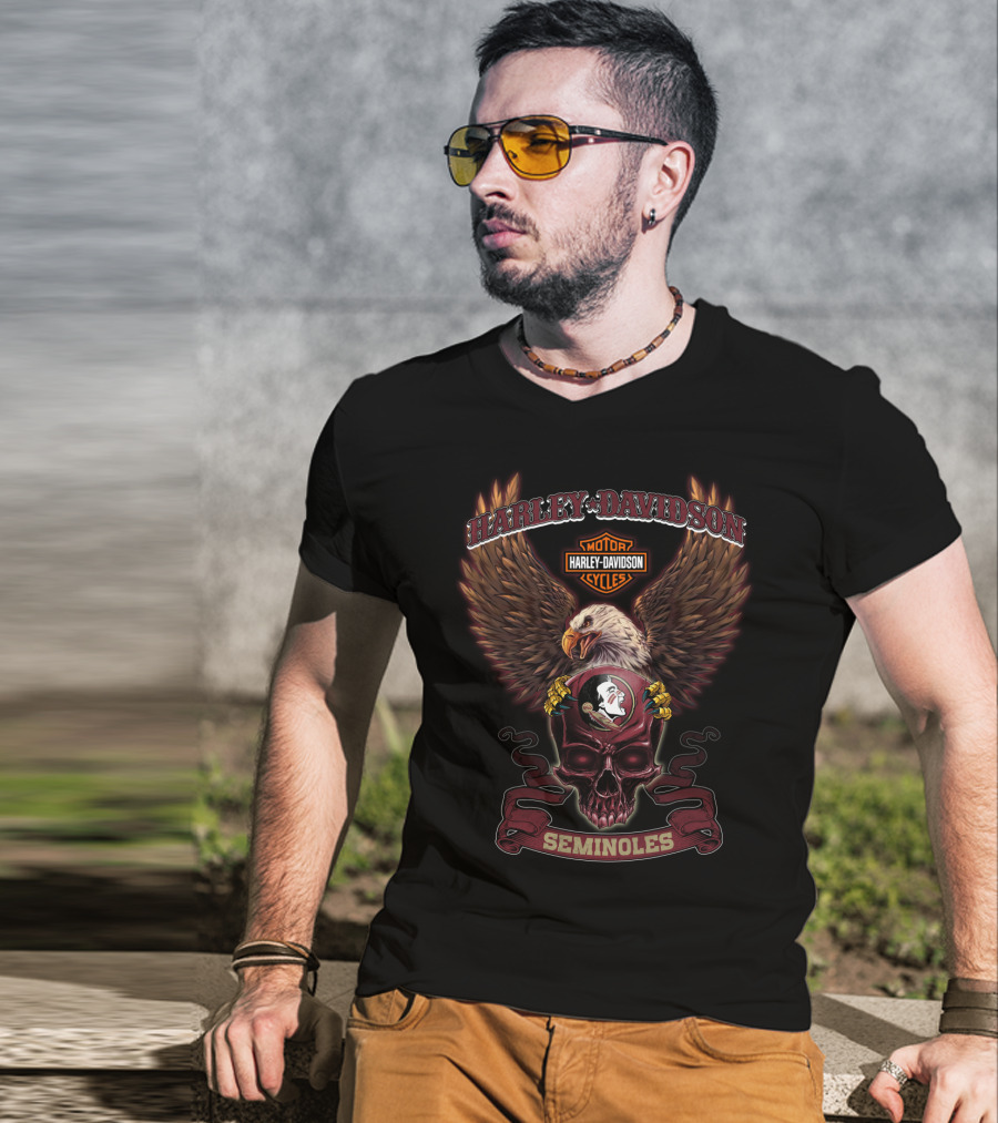 Harley Davidson Motor Cycles Eagle Skull Florida State Seminoles T-Shirt