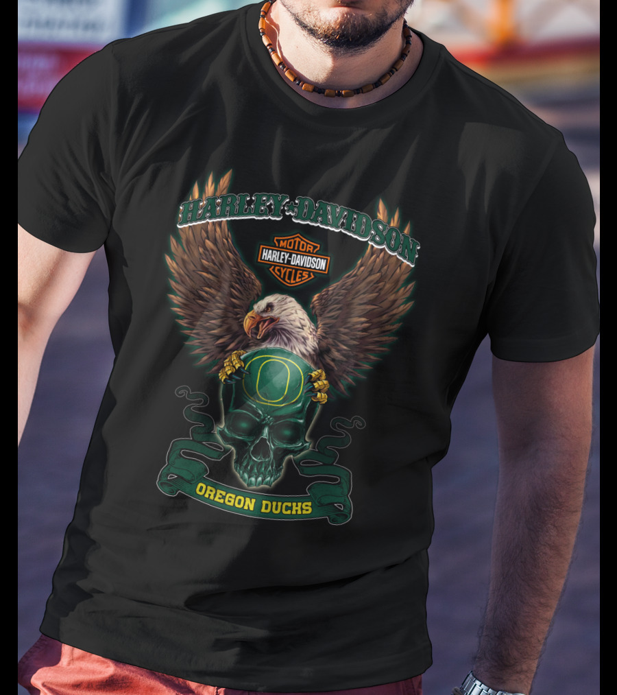 Harley Davidson Motorcycles Oregon Ducks Eagle Skull T-Shirt