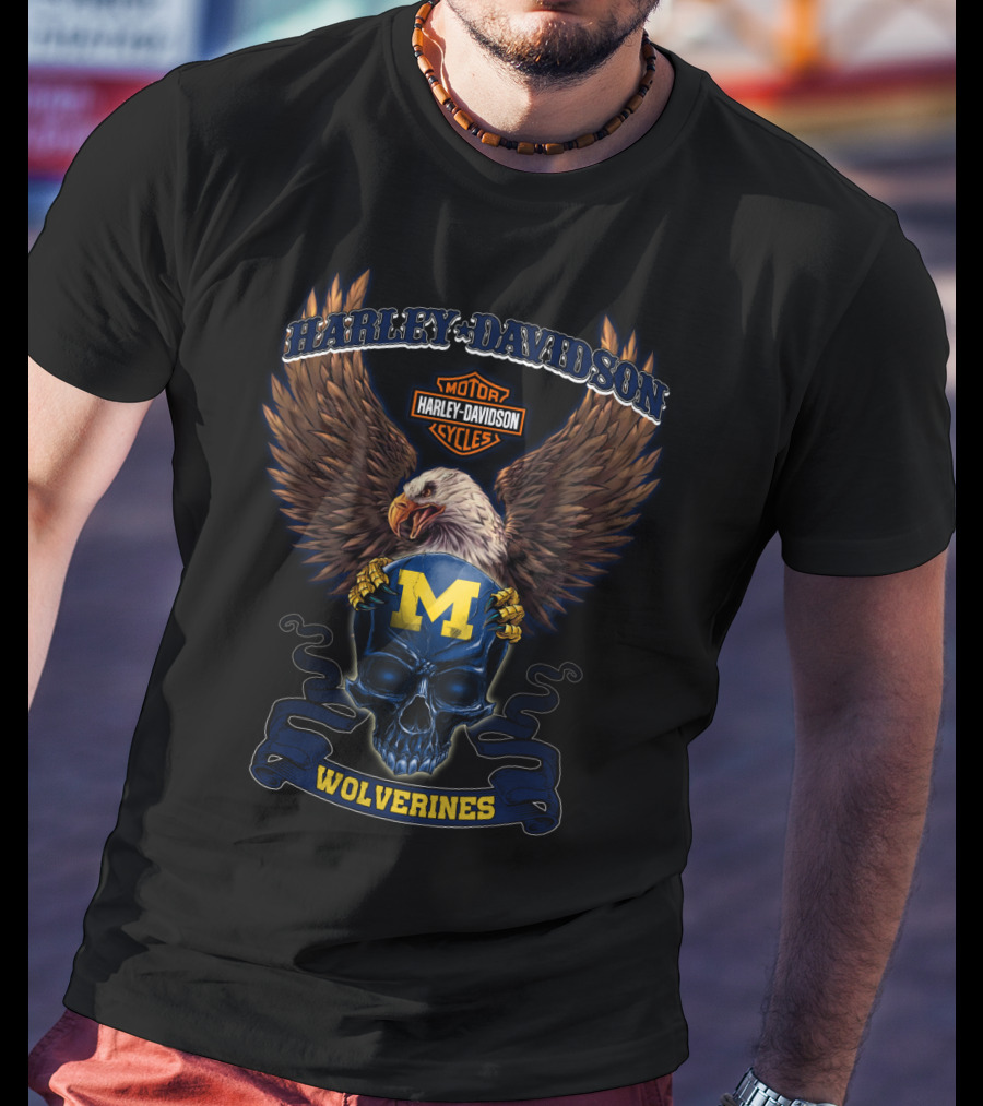 Harley Davidson Motor Cycles Wolverines M Eagle Skull T-Shirt