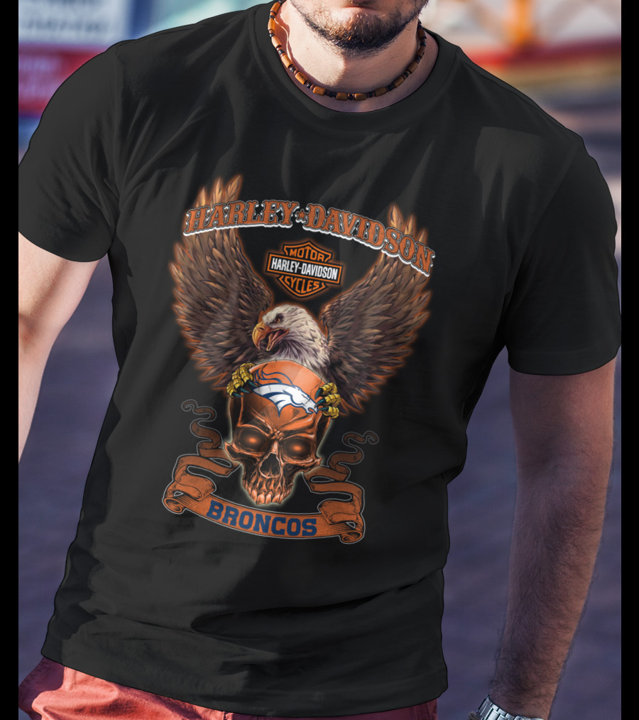 Harley Davidson Motor Cycles Denver Broncos Eagle Skull T-Shirt