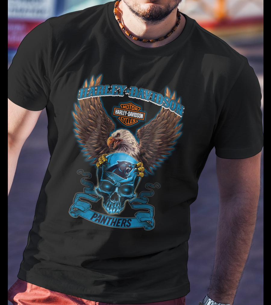 Harley Davidson Motor Cycles Eagle Carolina Panthers Skull T-Shirt