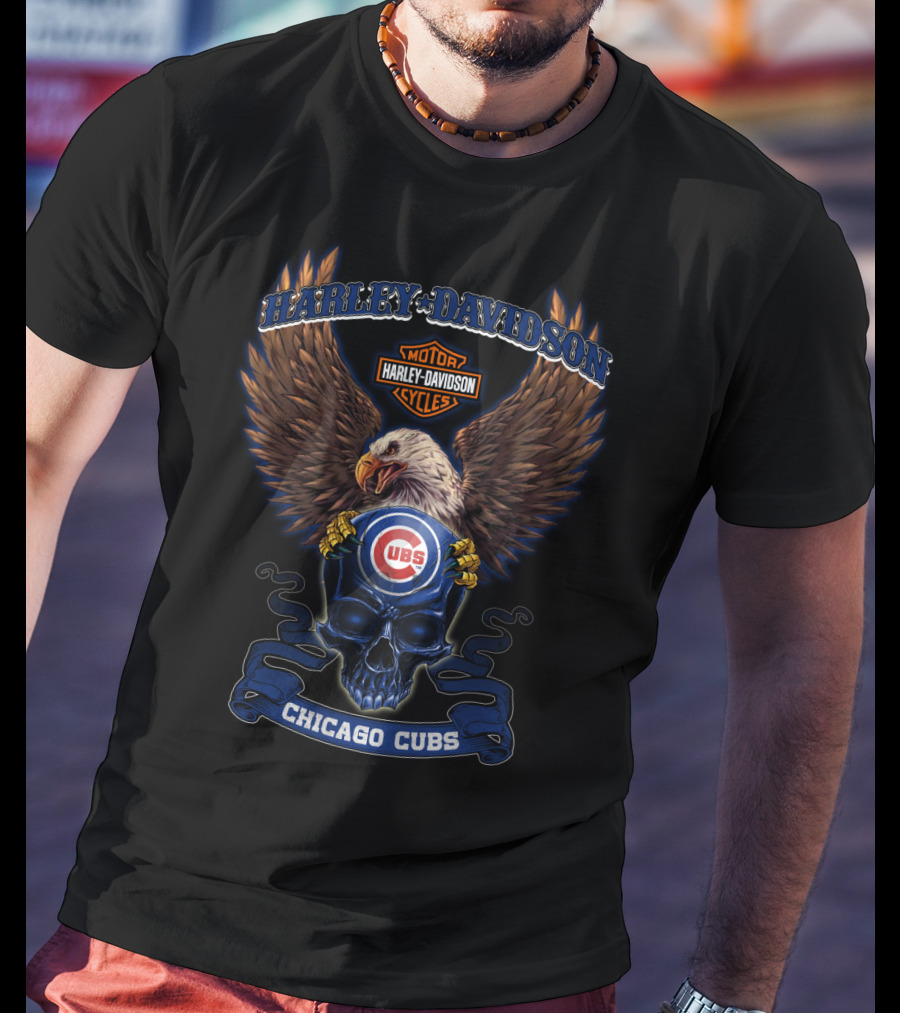 Harley Davidson Motor Cycles Chicago Cubs Eagle Skull T-Shirt