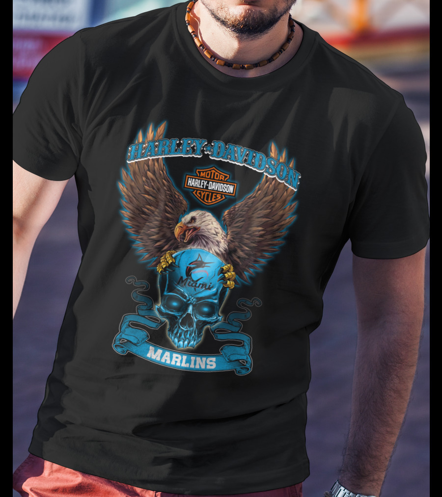 Harley Davidson Miami Marlins Eagle Skull T-Shirt