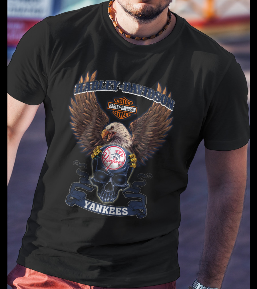 Harley Davidson Motor Cycles Eagle New York Yankees Skull T-Shirt