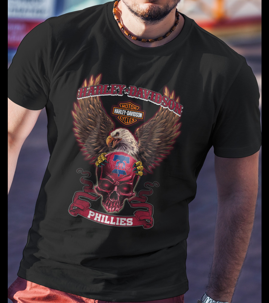 Harley Davidson Motor Cycles Philadelphia Phillies Eagle Skull T-Shirt