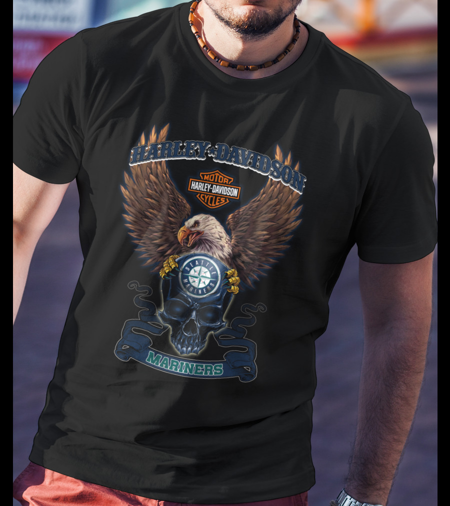 Harley Davidson Seattle Mariners Mlb Logo With Eagle And Skull T-Shirt