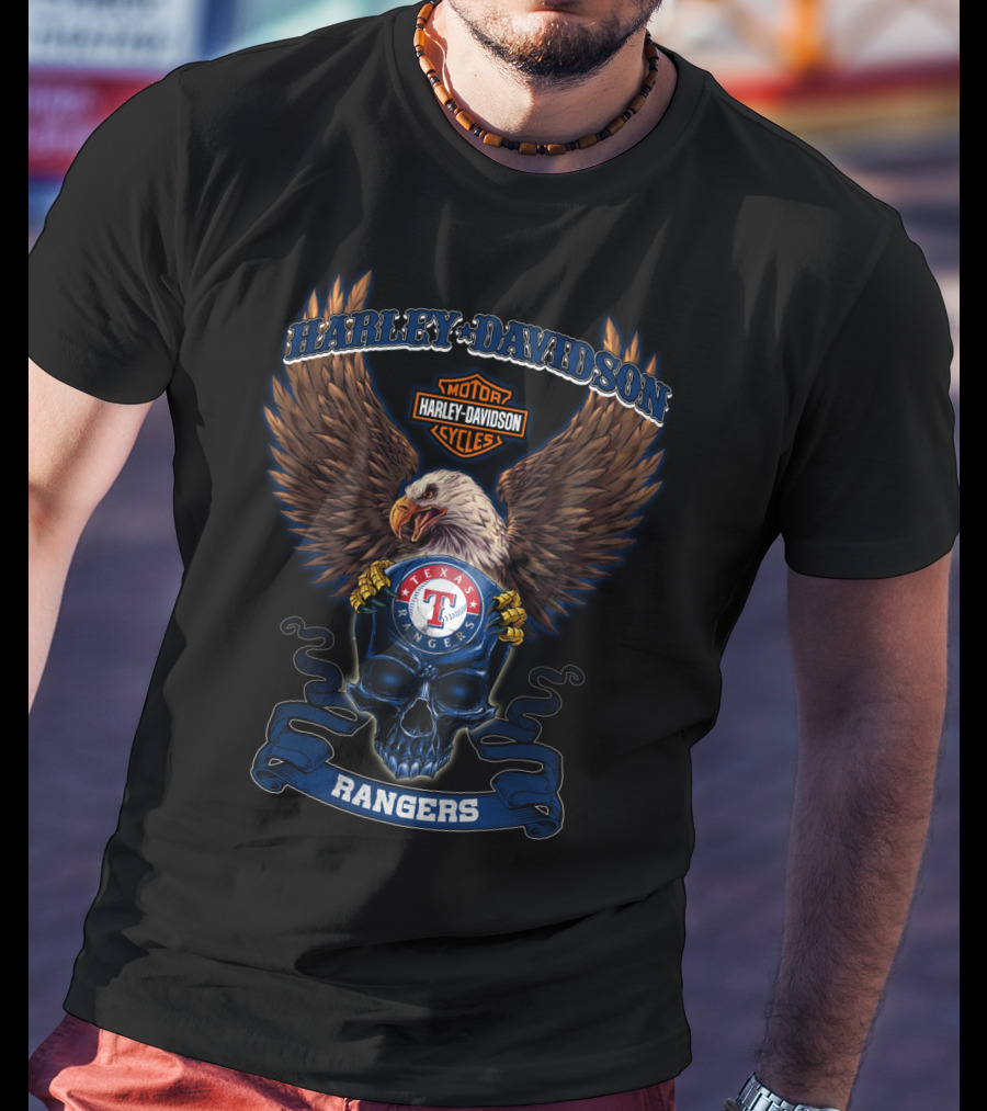 Harley Davidson Motor Cycles Texas Rangers Eagle Skull Rangers T-Shirt