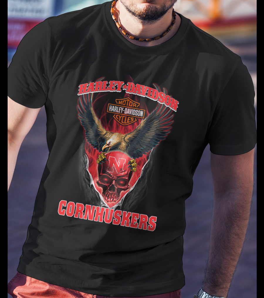 Harley Davidson Cornhuskers Eagle Skull N Motorcycle Cycles T-Shirt