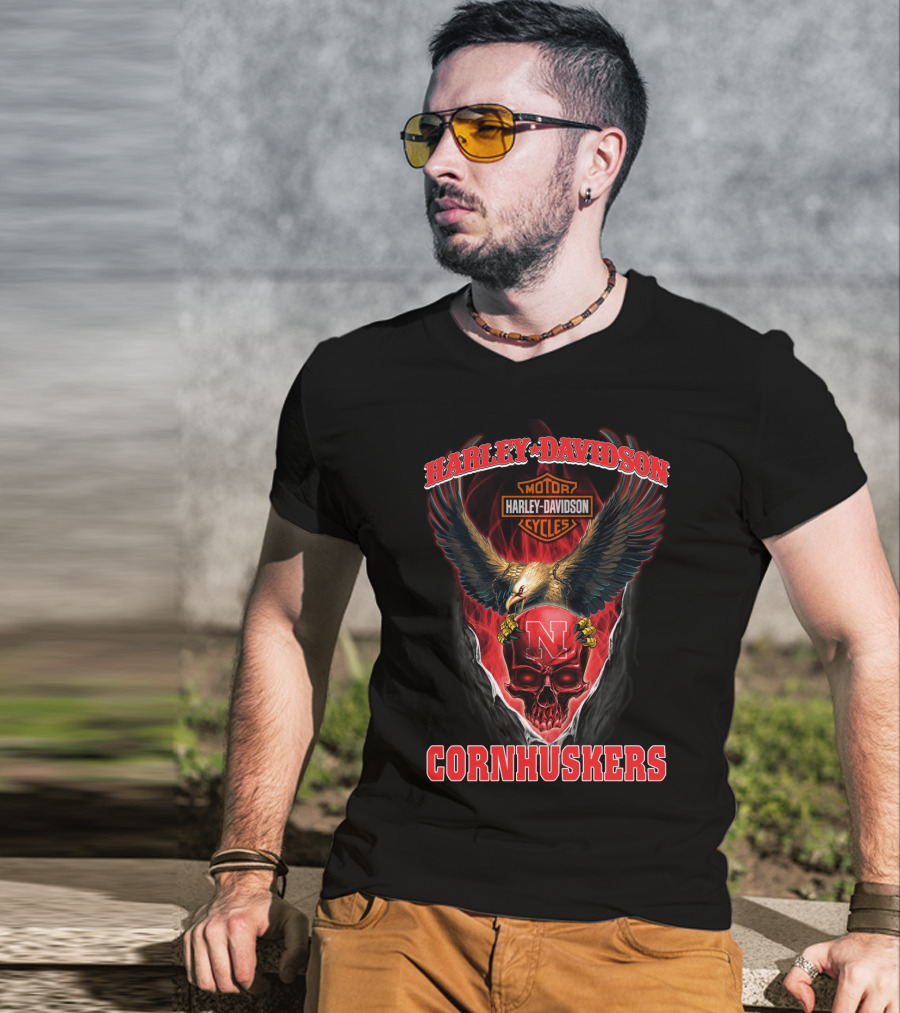 Harley Davidson Cornhuskers Eagle Skull N Motorcycle Cycles T-Shirt