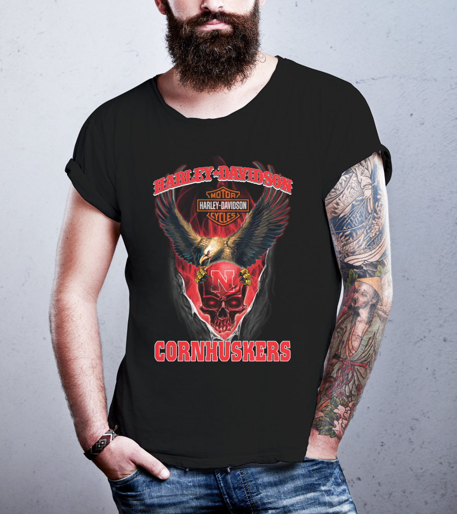 Harley Davidson Cornhuskers Eagle Skull N Motorcycle Cycles T-Shirt
