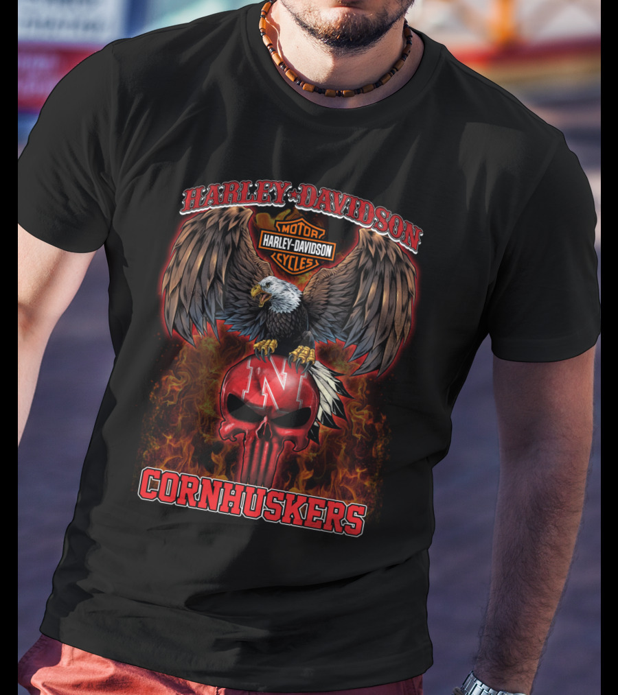 Harley Davidson Eagle Nebraska Cornhuskers Skull Flame T-Shirt