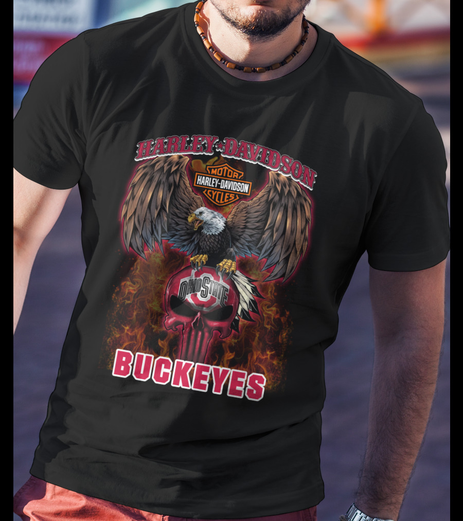 Harley Davidson Ohio State Buckeyes Skull Eagle Flames T-Shirt