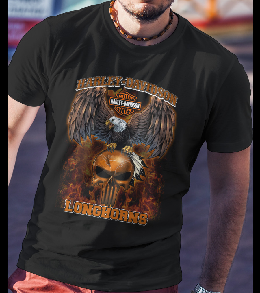 Harley Davidson Motor Cycles Longhorns Eagle Skull T-Shirt