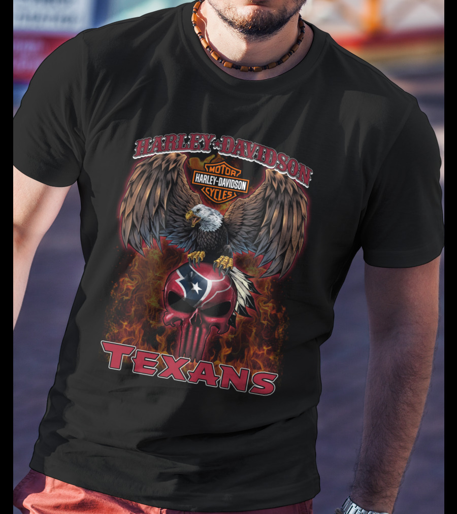 Harley Davidson Motorcycles Texans Eagle Skull Texas Flag T-Shirt