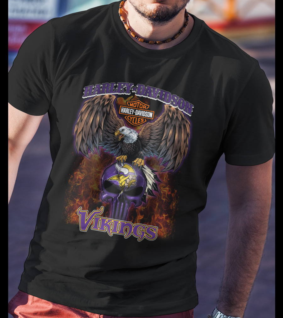 Harley Davidson Minnesota Vikings Eagle And Skull T-Shirt